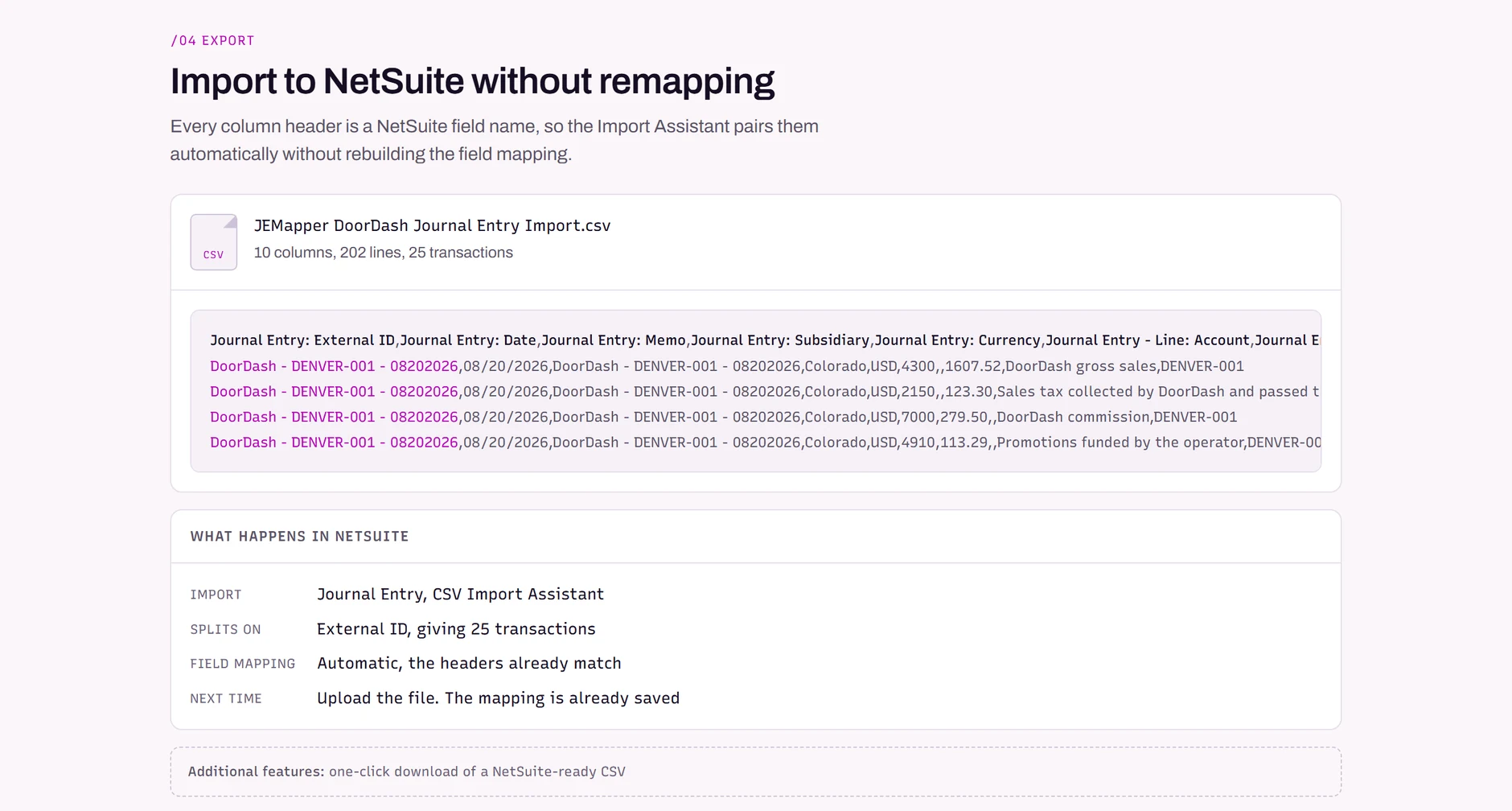 A NetSuite-ready CSV whose headers are NetSuite field names, and a summary ending: next time, upload the file, the mapping is already saved.