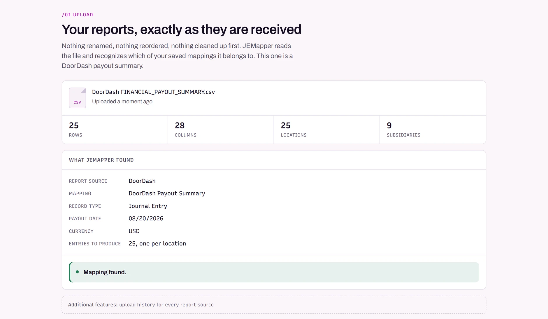 JEMapper reading a DoorDash payout summary: 25 rows, 28 columns, 25 locations, 9 subsidiaries, and a green Mapping found.
